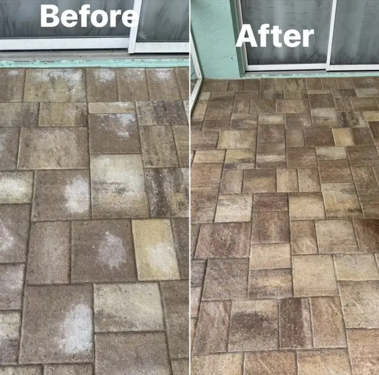 Paver patio beside sliding doors shown before and after cleaning