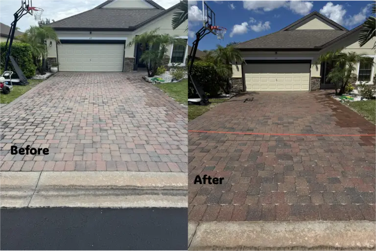 Brick paver driveway in front of a garage, shown before and after restoration