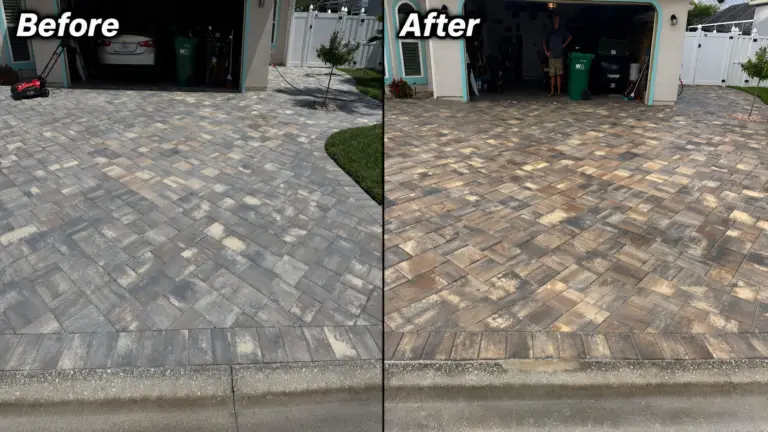 Paver driveway restoration shown before and after