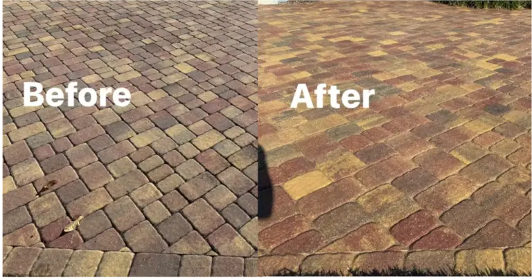 Paver driveway before and after cleaning and sealing