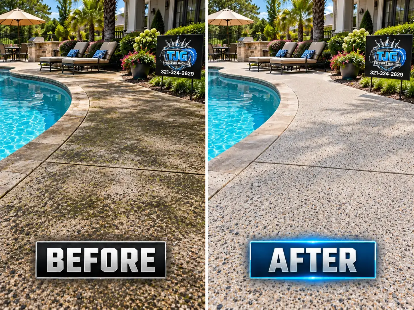 Illustrative before-and-after comparison of a concrete pool deck with surface buildup on the left and a clean surface on the right.