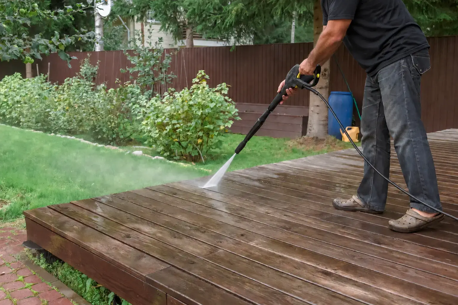 Worker using a pressure washer to clean a wooden deck.